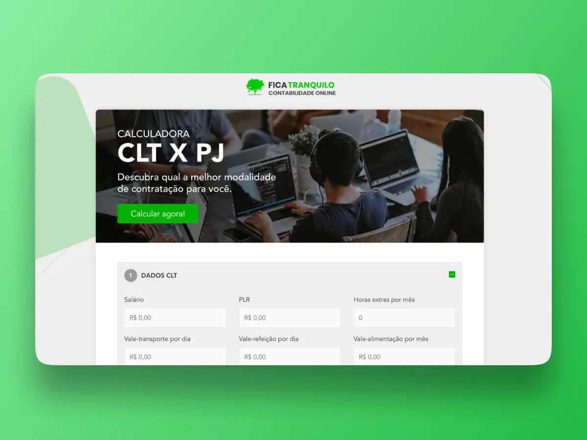 Fica Tranquilo Contabilidade Online - Ferramenta de Calculadora CLT vs PJ